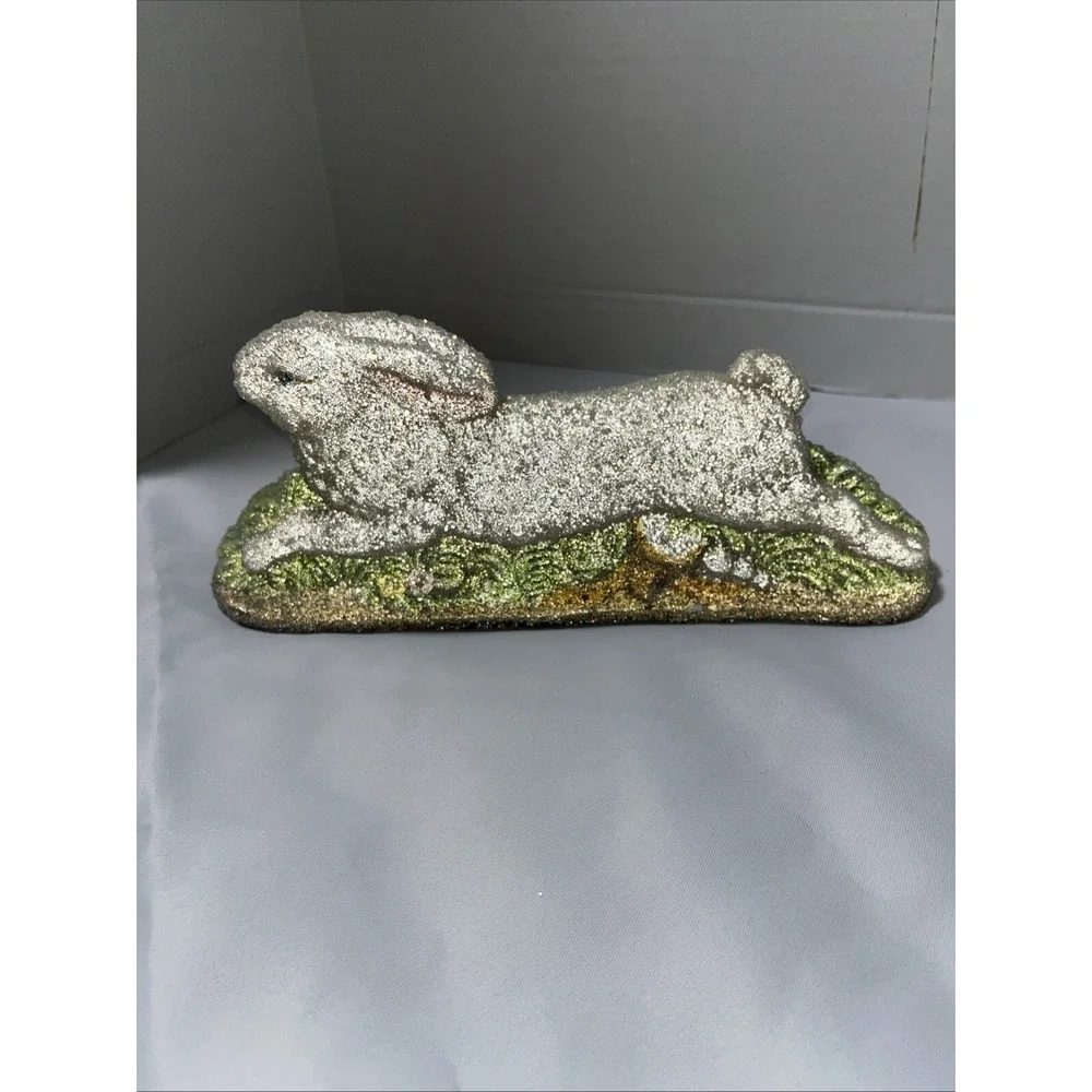 Glitter‎ Easter Bunny Rabbit Figurine Silver Green Grass Spring Decor 12 Inch